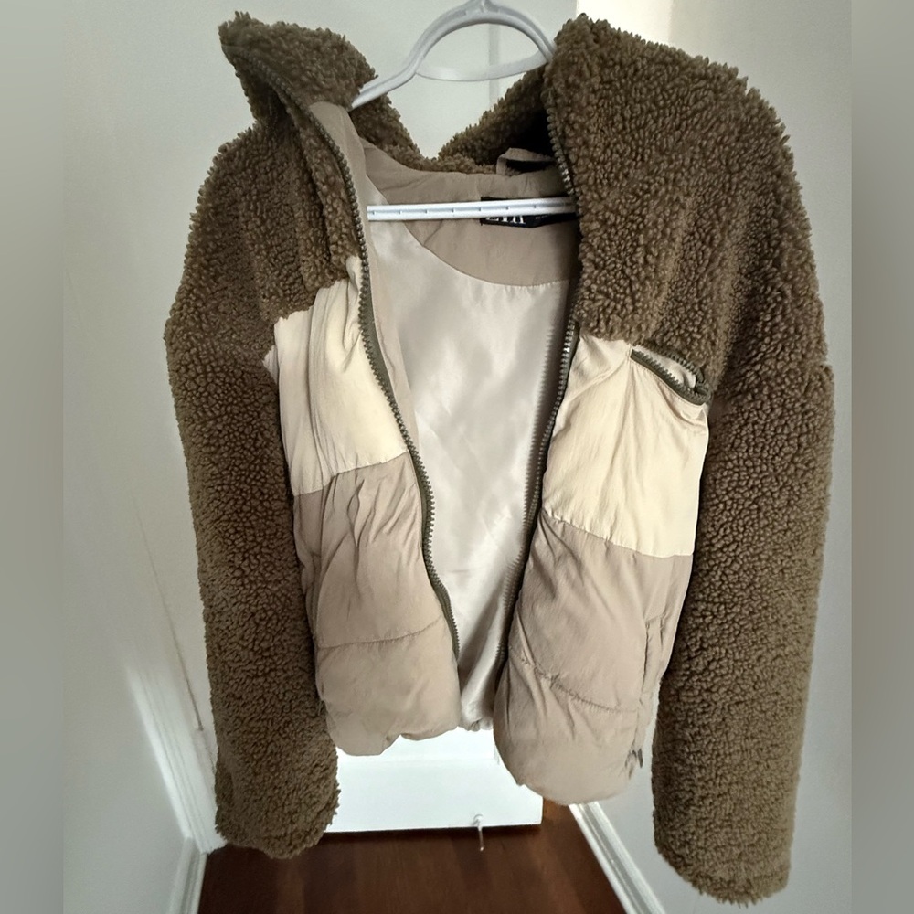 Zara Brown Sherpa Bomber Jacket with Cream & Tan Panels